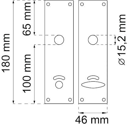 Ritning av dörrhandtagsskyltar med mått: 180x46 mm, centrumhål 15,2 mm, hålavstånd 100 mm och nyckelhål nedanför.