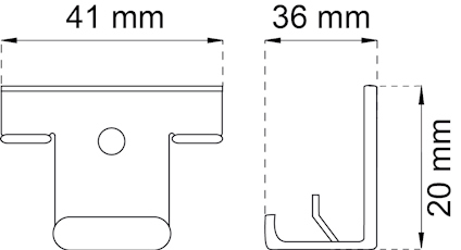 Ritning av ett metallbeslag med måtten 41 mm x 36 mm x 20 mm.