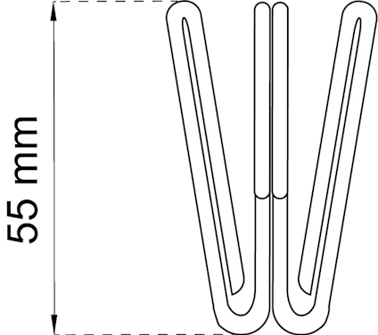 Diagram av en metallklämma formad som ett "W", med höjd 55 mm angiven.