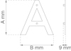Bokstaven "A" ritad med dimensioner A mm och B mm, med en tjocklek av 9 mm i sidovy, samt fästpunkter.