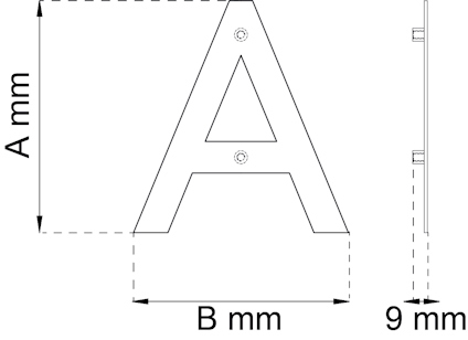 Bokstaven "A" ritad med dimensioner A mm och B mm, med en tjocklek av 9 mm i sidovy, samt fästpunkter.