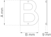 Ritning av ett "B" med mått; höjd A mm, bredd B mm, tjocklek 9 mm, visad framifrån och från sidan.