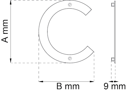 Ritning av en cirkel med två monteringshål, mått A, B i millimeter och tjocklek 9 mm.