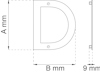 Diagram som visar specifikationer för en D-formad komponent med måtten A mm, B mm och 9 mm tjock.