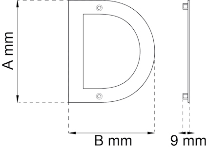 Diagram som visar specifikationer för en D-formad komponent med måtten A mm, B mm och 9 mm tjock.