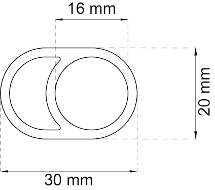 Ritning av en oval form med måtten 16 mm x 20 mm och en total bredd på 30 mm.