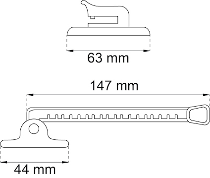 Ritning av spännklämma med mått: längd 147 mm, bredd 44 mm och höjd 63 mm.