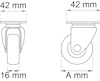 Skiss av en hjulritning med mått 42 mm x 42 mm och 16 mm bredd.