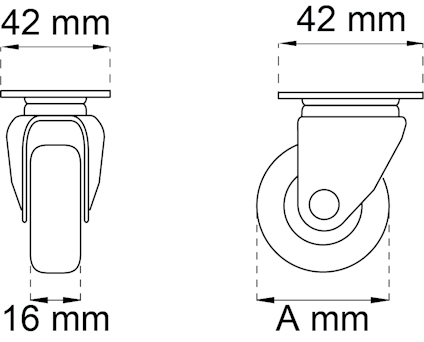 Skiss av en hjulritning med mått 42 mm x 42 mm och 16 mm bredd.
