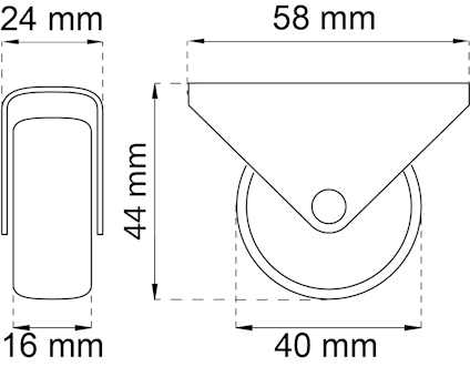 Teknisk ritning av hjulbeslag med mått: 58 mm (längd), 24 mm (bredd), 44 mm (höjd), 16 mm (spår), hjuldiameter 40 mm