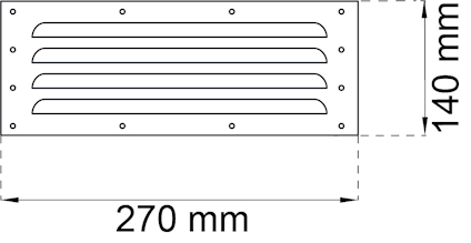 Rektangulärt ventilationsgaller med måtten 270 mm x 140 mm.