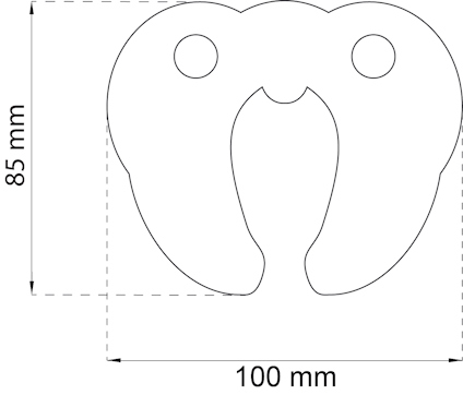 Ritning av en komponent med måtten 85 mm höjd och 100 mm bredd, två cirkulära hål.