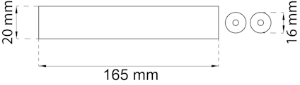 Ritning av en stång med måtten 165 mm lång, 20 mm hög och 16 mm i diameter.
