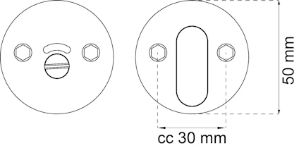 Ritning av två runda beslag med två skruvhål och utdrag; mått: 50 mm, cc 30 mm.