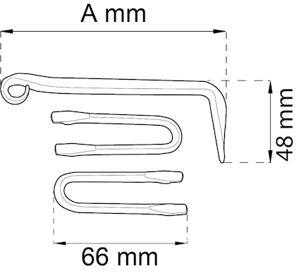 Illustration av tre metallkrokar i olika storlekar, med måttangivelser 66 mm och 48 mm.