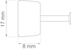 Diagram av en metallstav med en vinklad platta på sidan. Måtten är 17 mm i höjd och 8 mm i bredd.