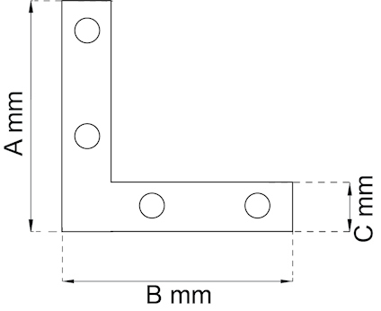 Ritning av vinkelbeslag med fyra hål, märkta mått A, B och C i millimeter.