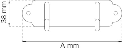 Illustration av en rektangulär metallbeslag med två skruvhål. Mått: 38 mm i höjd, A mm i bredd.