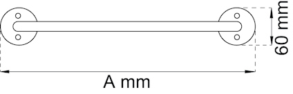 Diagram av ett rakt handtag med två runda fästen. Mått: 60 mm bredd på fästena, längd A mm.