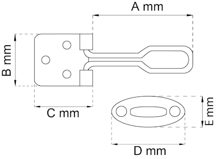 Teknisk ritning av metallbeslag med måttangivelser: A, B, C, D, E i mm.