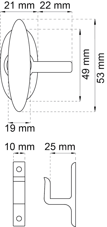 Ritning av dörrhandtag med mått: 21 mm, 22 mm, 49 mm, 53 mm, 19 mm, 10 mm, 25 mm.