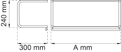 Teknisk ritning av en rektangulär föremål med måtten 240 mm höjd och 300 mm djup, bredd markerad som A mm.