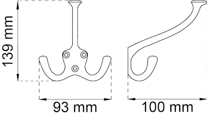 Krok med måtten 139x93x100 mm, sedd framifrån och från sidan, med två synliga monteringshål.