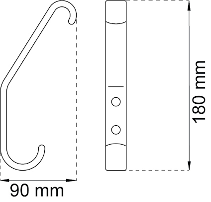 Ritning av krokliknande objekt med måtten 90 mm i bredd och 180 mm i höjd.