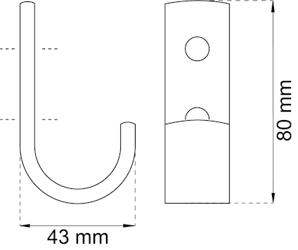 Ritning av en krok i profil och front. Måttangivelser: 43 mm bredd, 80 mm höjd.