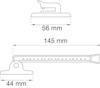 Ritning av en klämma med sugpropp, längd 145 mm, bredd 56 mm, höjd 44 mm.