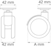 Ritning av ett hjul med mått 42 mm i diameter och bredd, sett från sidan och fronten.