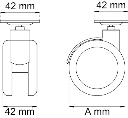 Ritning av ett hjul med mått 42 mm i diameter och bredd, sett från sidan och fronten.