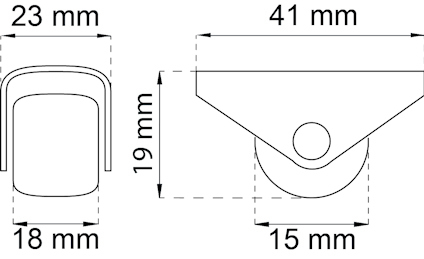 Ritning av beslag med mått: 23 mm, 18 mm, 19 mm, 41 mm, 15 mm.