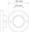 Ritning av rund fästanordning med hål, diameter 52 mm och inre hål 25 mm. Två monteringshål bredvid.