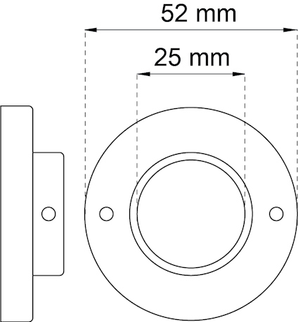 Ritning av rund fästanordning med hål, diameter 52 mm och inre hål 25 mm. Två monteringshål bredvid.