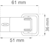 Ritning av metallbeslag med måtten 61 mm x 36 mm.