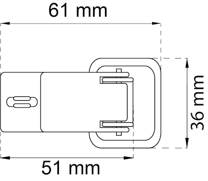Ritning av metallbeslag med måtten 61 mm x 36 mm.