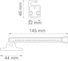 Diagram över ett beslag med mått: 46x32 mm huvud, 145 mm längd, 44 mm bredd på foten.