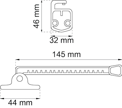 Diagram över ett beslag med mått: 46x32 mm huvud, 145 mm längd, 44 mm bredd på foten.