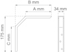Diagram över vinkelbeslag med mått: A mm, B mm, C mm, 175 mm höjd, 34 mm bredd och hål för montering.