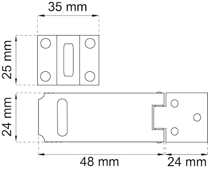 Ritning av metallbeslag med mått: 35x25 mm, 48 mm längd, 24 mm bredd, fyra monteringshål.