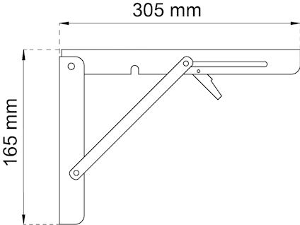 Diagram av en hopfällbar metallkonsol med måtten 305 mm bredd och 165 mm höjd.