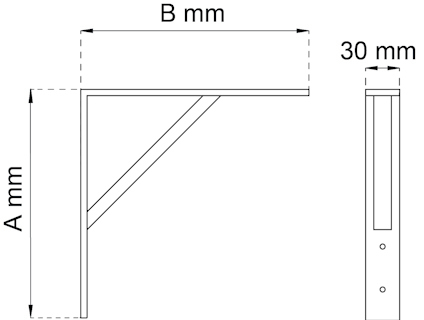 Ritning av en hyllkonsol med mått A mm höjd, B mm bredd och 30 mm djup.