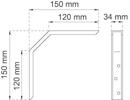 Ritning av metallfäste med måtten 150x150x34 mm och 120 mm hylla.