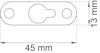Ritning av metallbeslag, avlång med två hål, mått 45 mm x 13 mm.