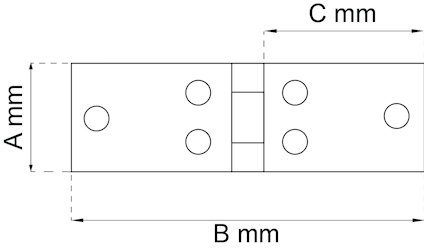 Teknisk ritning av ett gångjärn med måtten A mm, B mm och C mm markerade.