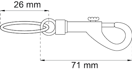 Ritning av en karbinhake med angiven storlek: 26 mm och 71 mm.