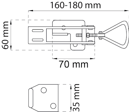Ritning av en låsmekanism, justerbar mellan 160-180 mm, med mått 60x70 mm och 35 mm sidohöjd.