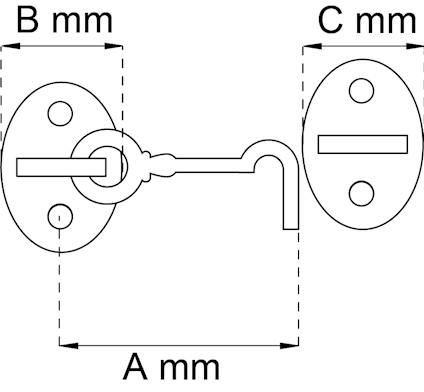 Ritning av hake och ögla med måttangivelser A, B och C i millimeter.