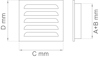 Diagram av ventilationsgaller med sidoprofil och måttangivelser: A+B mm, C mm och D mm.